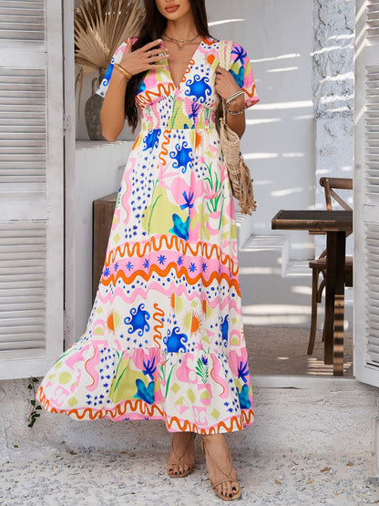Devine Smocked Printed V-Neck Short Sleeve Maxi Dress – Uneeque Designzz