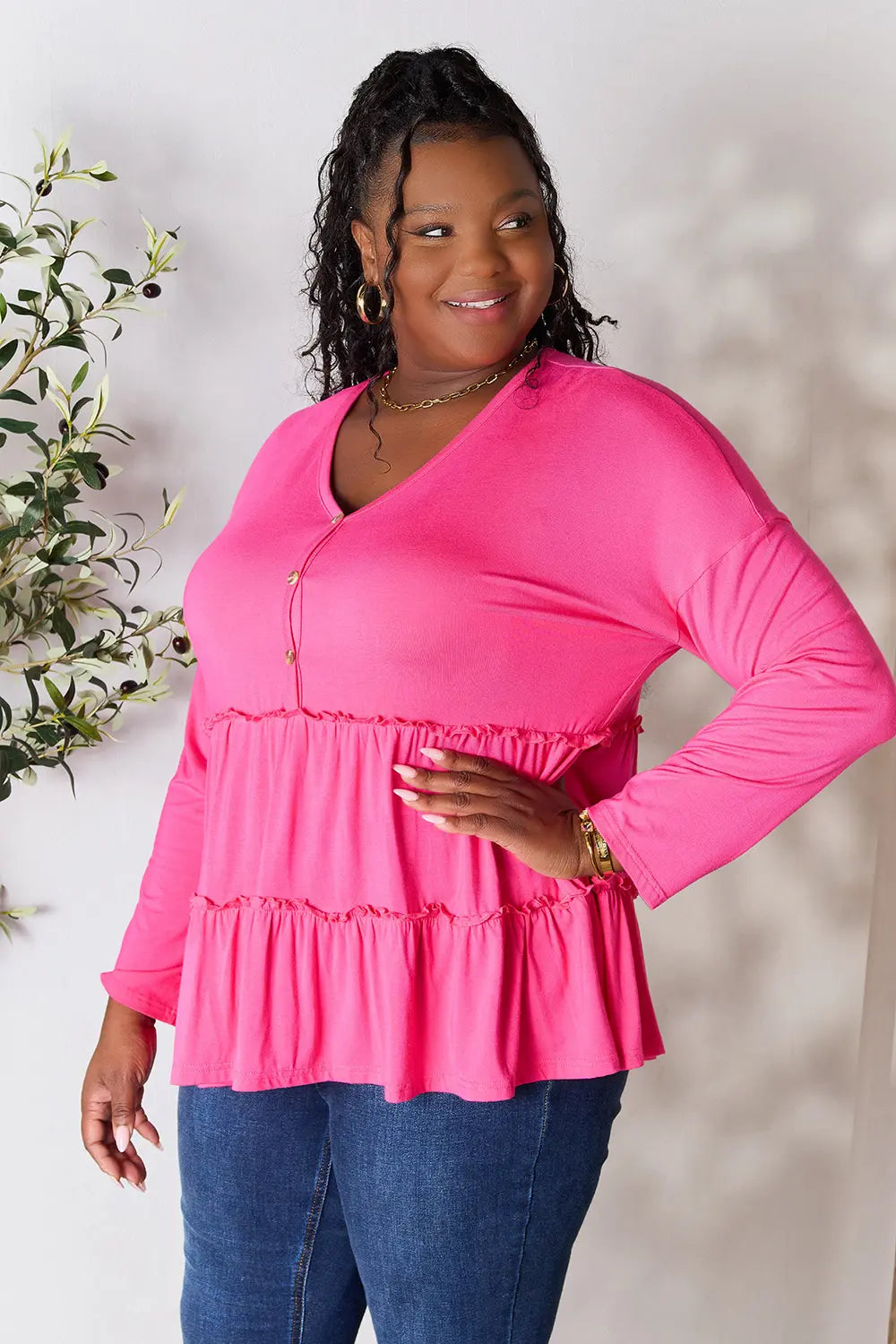 Double Take Half Button Long Sleeve Ruffle Hem Blouse by Trendsi