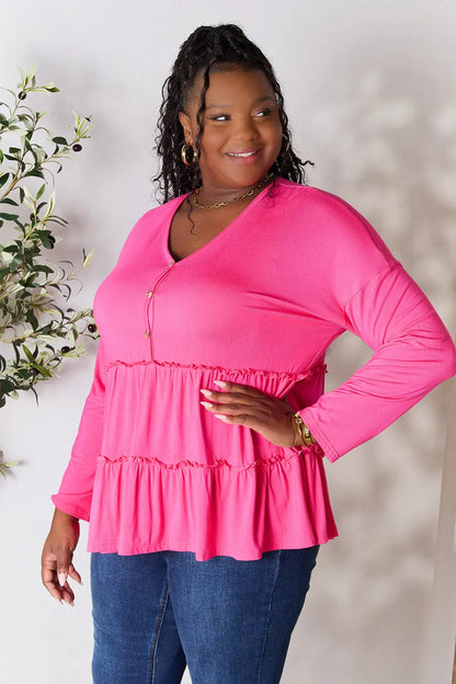 Double Take Half Button Long Sleeve Ruffle Hem Blouse – Uneeque Designzz