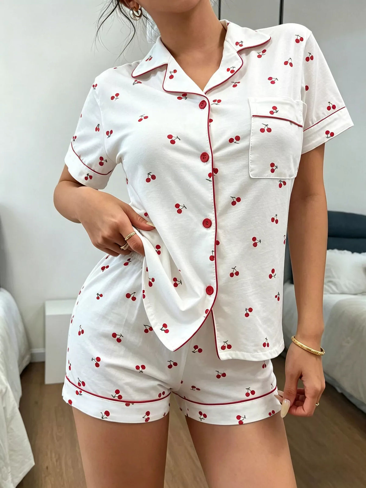 Heart Print Button-Down Short Sleeve Top and Shorts Lounge Set by Trendsi