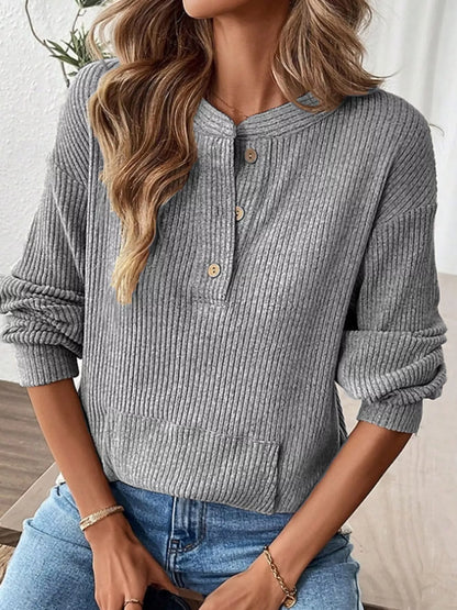Ribbed Button Detail Long Sleeve T-Shirt – Uneeque Designzz