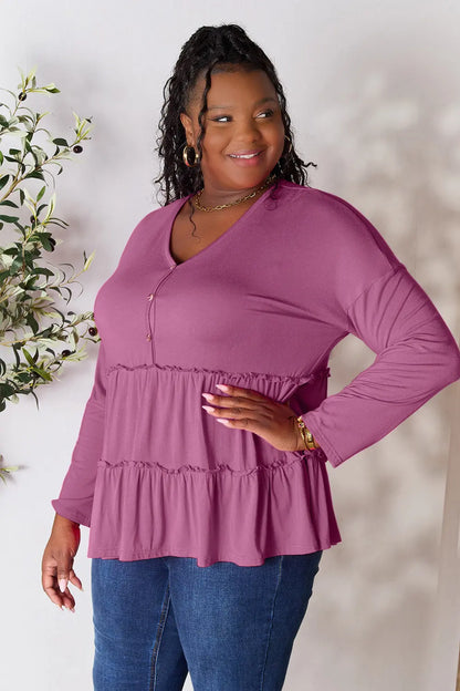 Double Take Half Button Long Sleeve Ruffle Hem Blouse – Uneeque Designzz