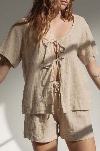 Plaid Tied Scoop Neck Short Sleeve Top and Drawstring Shorts Set – Uneeque Designzz