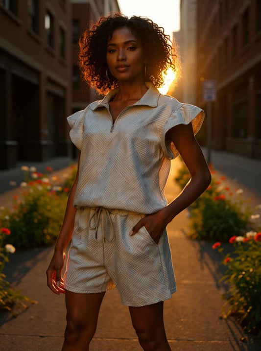 Double Take Full Size Texture Flounce Sleeve Top and Drawstring Shorts Set