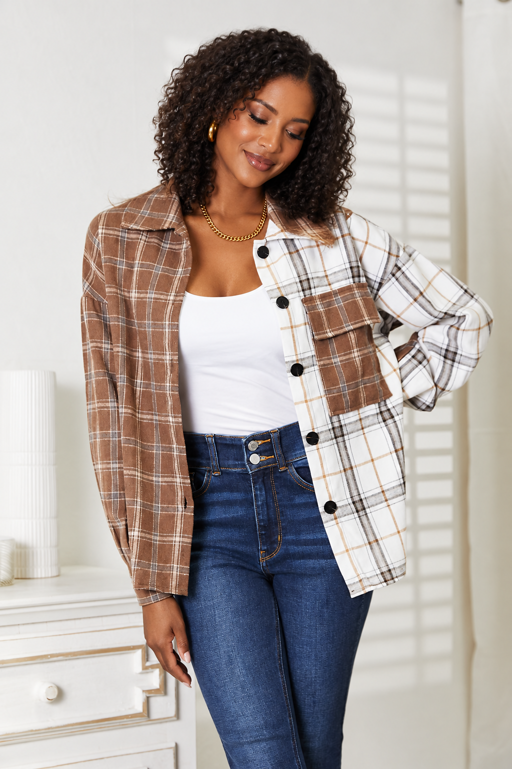 AI-generated model wearing the Double Take Plaid Contrast Button-Up Shirt Jacket