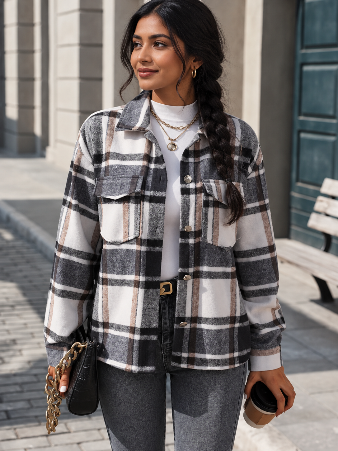 Plaid Button-Up Drop Shoulder Jacket by Uneeque Designzz