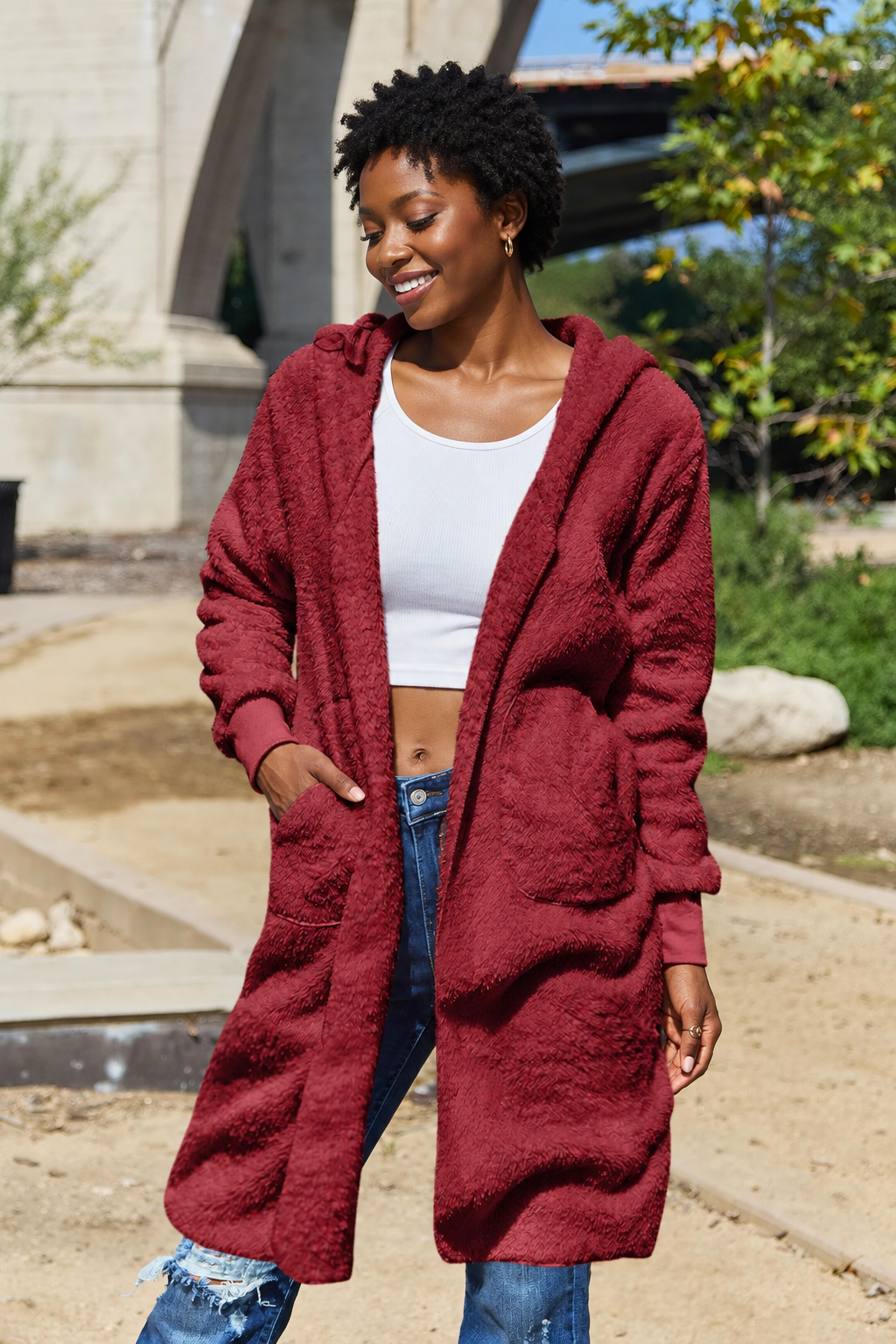 Double Take Full Size Hooded Teddy Bear Jacket with Thumbholes by Uneeque Designzz