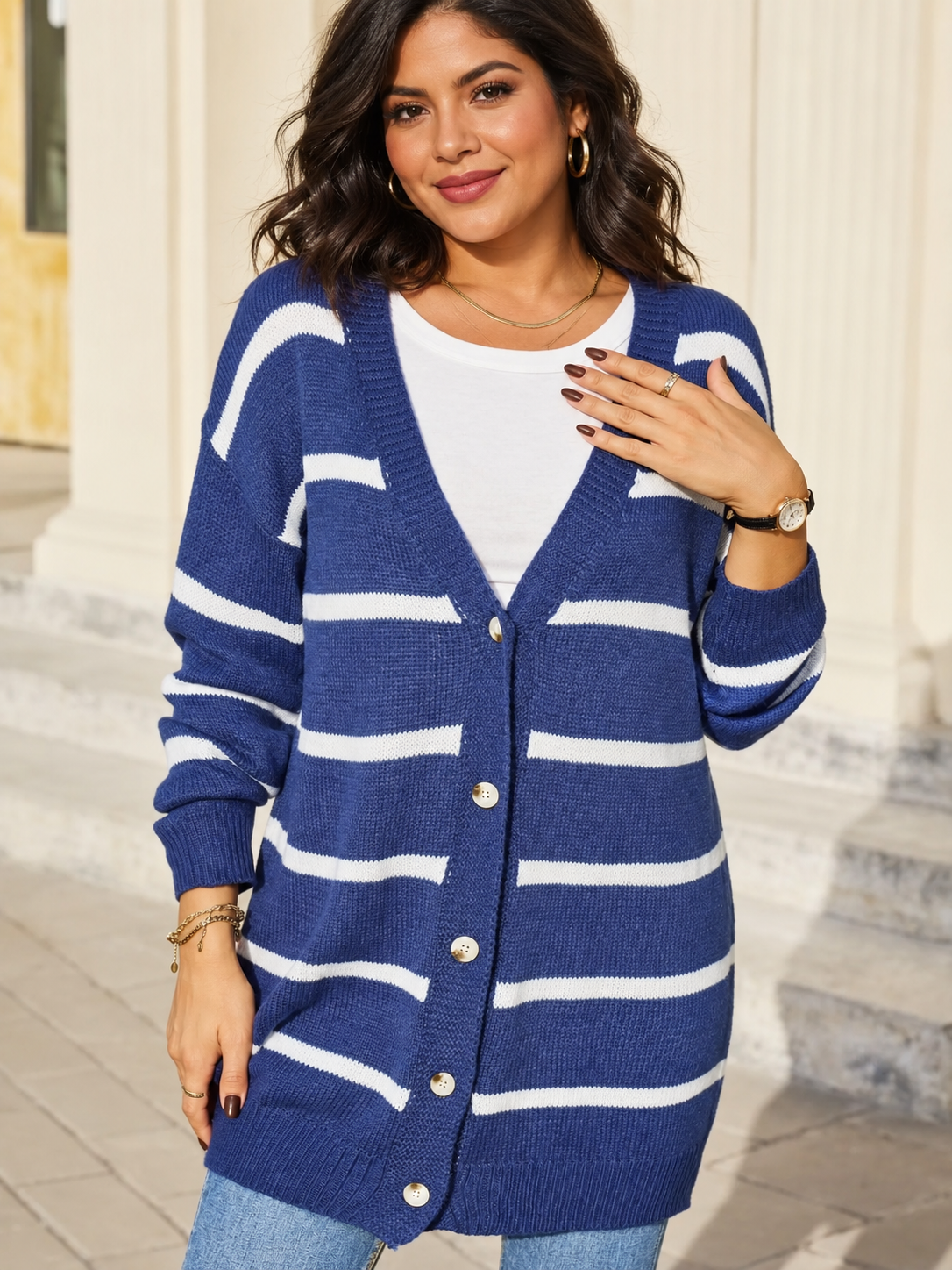 Striped Button-Down Knit Cardigan by Uneeque Designzz