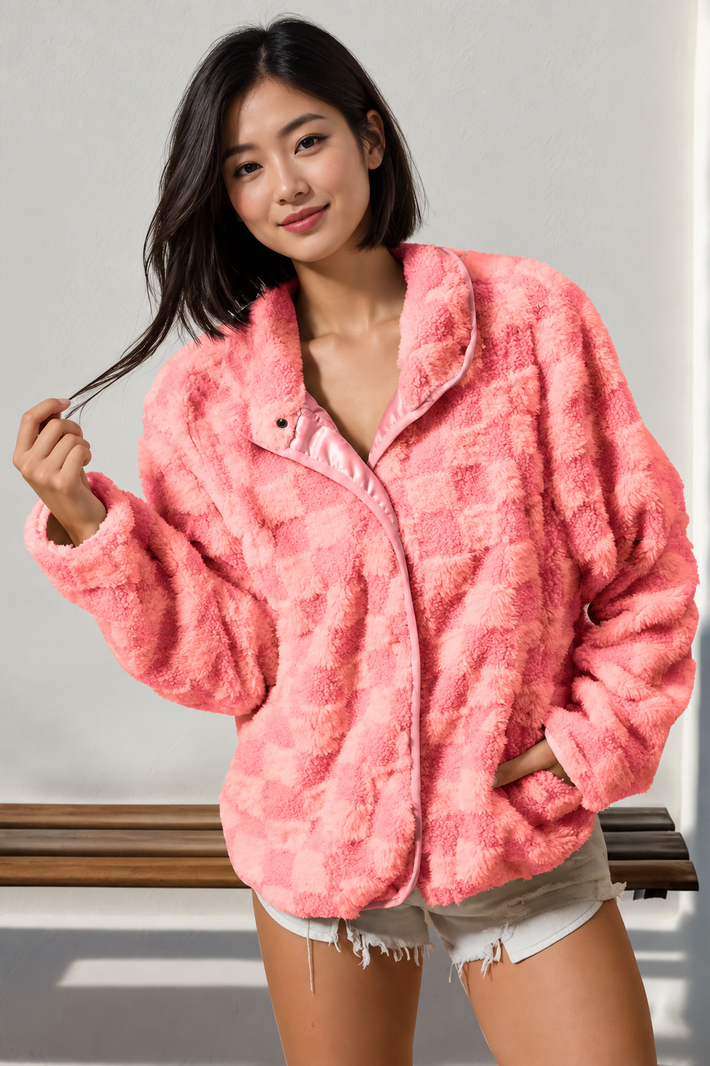 Double Take Checkered Long Sleeve Fuzzy Jacket by Uneeque Designzz