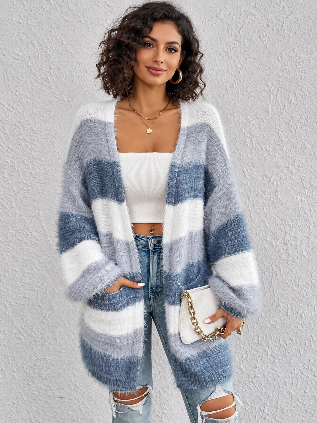 Striped Fuzzy Knit Pocketed Open-Front Casual Soft Cardigan by Trendsi