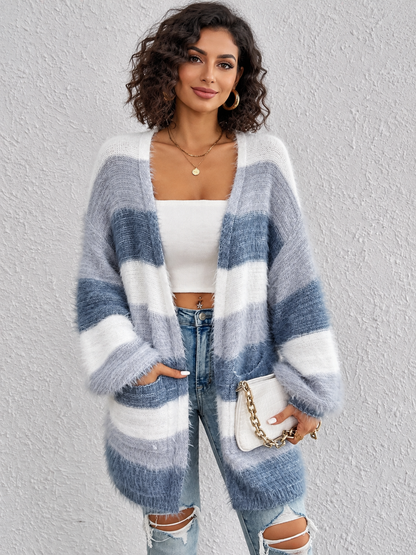 Striped Fuzzy Knit Pocketed Open-Front Casual Soft Cardigan by Trendsi
