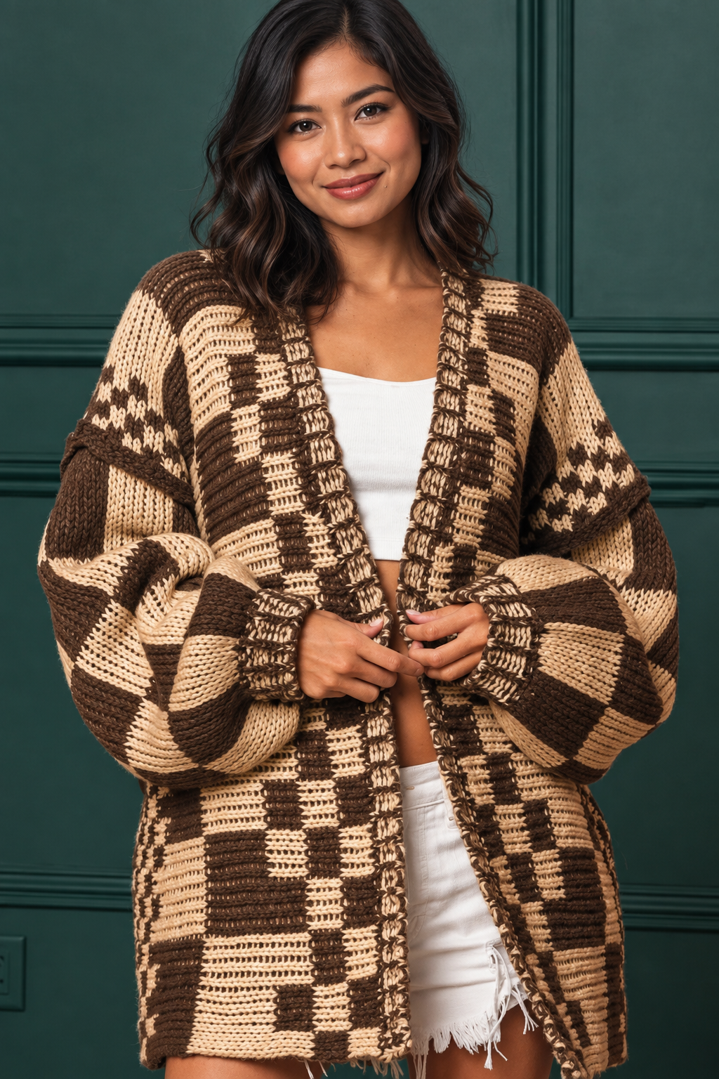 Checkered Open-Front Long Sleeve Stretch Cardigan by Trendsi