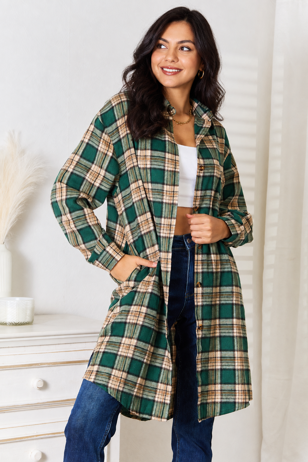Mandy Plaid Collared Neck Long Sleeve Shirt by Uneeque Designzz