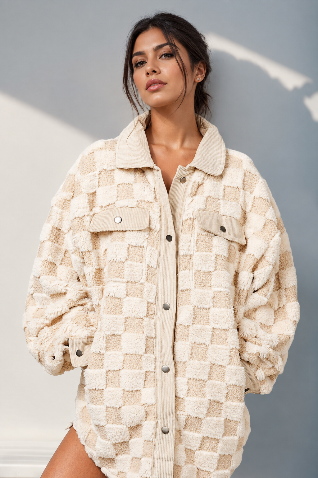Double Take Button-Up Fuzzy Checkered Shacket by Uneeque Designzz